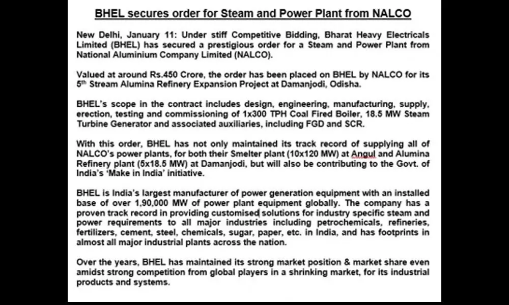 BHEL secures order for steam and power plant from NALCO