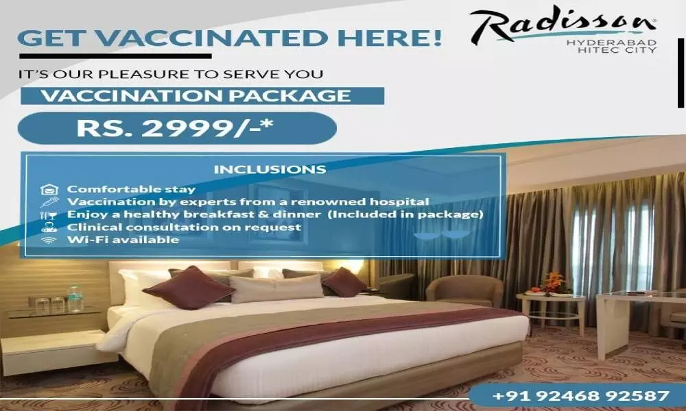 Radisson Blu Hyderabad Hitec City, a star hotel in the city, has come up with a vaccination package that includes vaccination followed by a comfortable stay at the hotel in Hyderabad, all for Rs 2,999