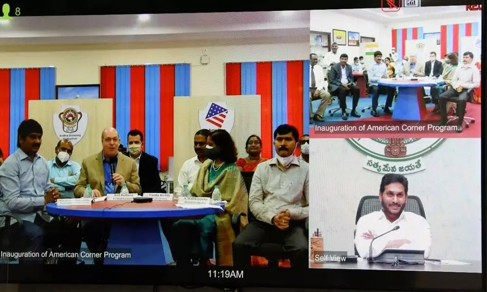 AP CM Jagan Mohan Reddy launching (in virtual mode) American Corner at Andhra University, Visakhapatnam from his camp office at Amaravati on Thursday