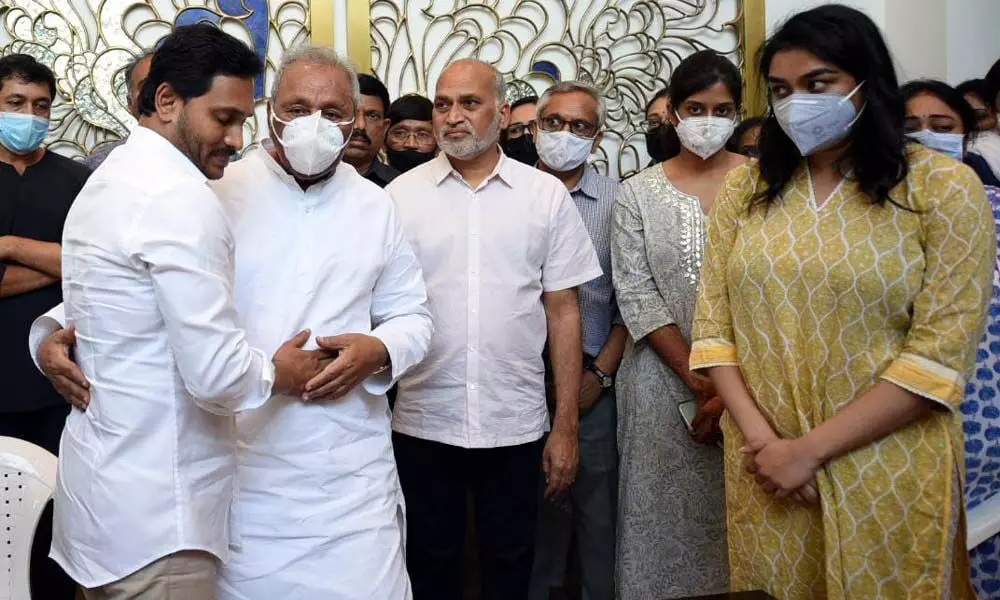 AP Chief Minister Y.S. Jagan Mohan Reddy conveying condolences to bereaved family members of Industries Minister Mekapati Goutham Reddy at the latters residence in Hyderabad on Monday