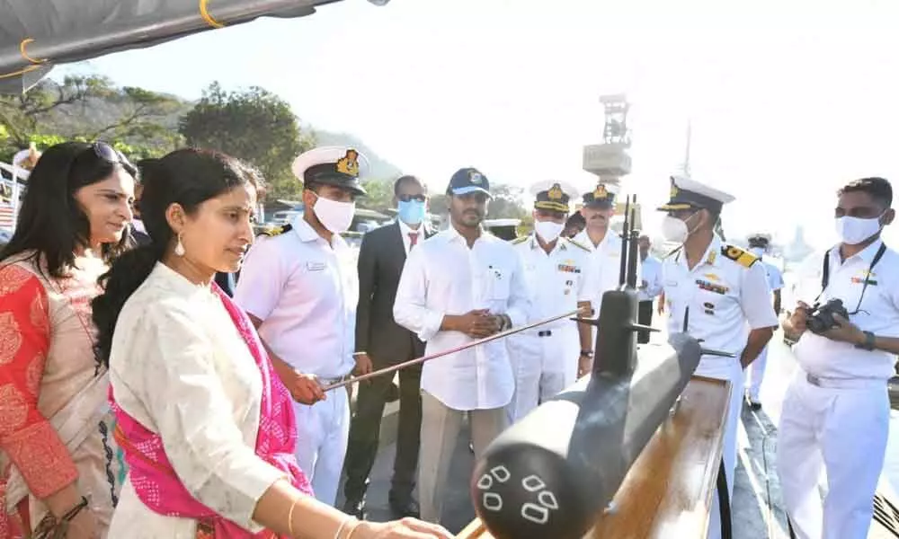 Chief Minister YS Jagan Mohan Reddy and wife Bharati Reddy on-board INS Vela during their participation in Milan 22 in Visakhapatnam on Sunday