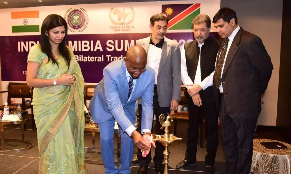 Gabriel Sinimbo, High Commissiner of Namibia to India Jayesh Ranjan, IAS Principal Secretary of the Industries & Commerce (I&C) and Information Technology (IT),  Telangana, Tasneem Shariff, Trade Commissioner, Republic of Namibia at the India Namibia Trade Summit held in Hyderabad recently   Photo: Srinivas Setty