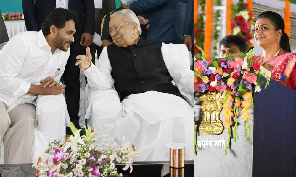 CM YS Jagan Mohan Reddy and Governor Biswa Bhushan Harichandan speaking at swearing in ceremony of Ministers. (right) RK Roja taking oath.