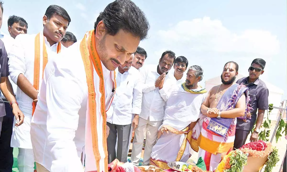 Andhra Pradesh Chief Minister YS Jagan Mohan Reddy while laying the foundation stone for Ramayapatnam port in Nellore district