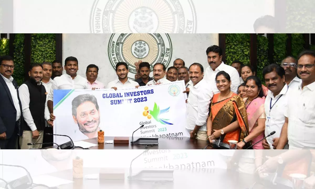 Chief Minister YS Jagan Mohan Reddy unveils the logo of Global Investors’ Summit, 2023 on Tuesday