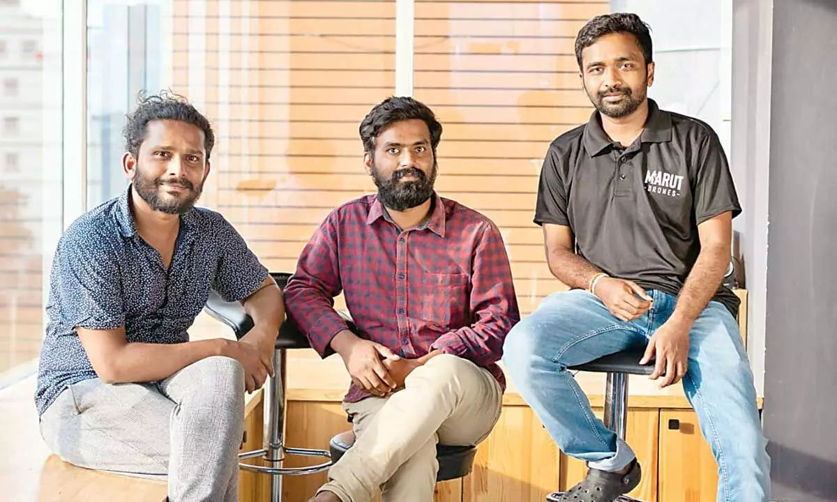 (L-R) Marut Drones Co-founders Sai Kumar Chinthala, Prem Kumar Vislawath and Suraj Peddi