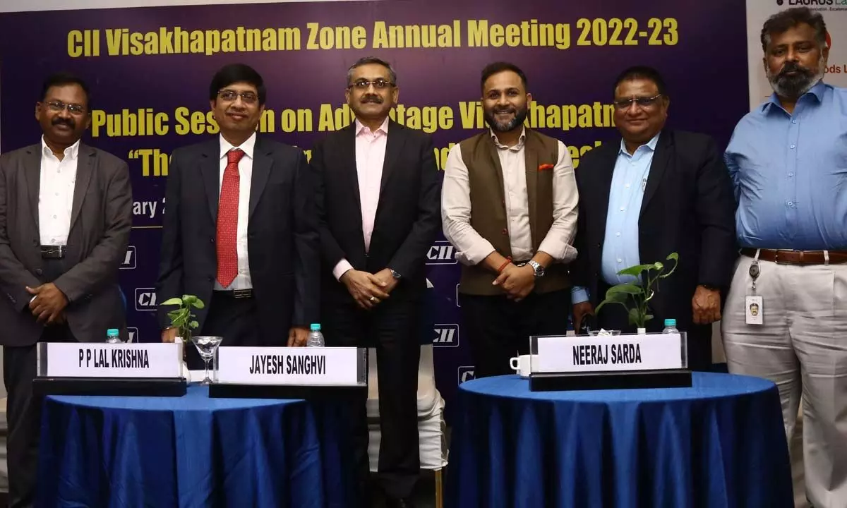 (L-R): Rana Pratap Uppalapati, Past Chair, Yi Visakhapatnam; Dr Emandi Sankara Rao, Former, CMD, IFCI Group; Dr P P Lal Krishna, Vice Chairman, CII Visakhapatnam;  Jayesh Sanghvi, Office Managing Partner, E&Y; Neeraj Sarda, Chairman, CII Andhra Pradesh; K Srinivasa Rao, Director, Airports Authority of India, Visakhapatnam & Suresh Narra, Delivery Head – Visakhapatnam, Infosys Ltd