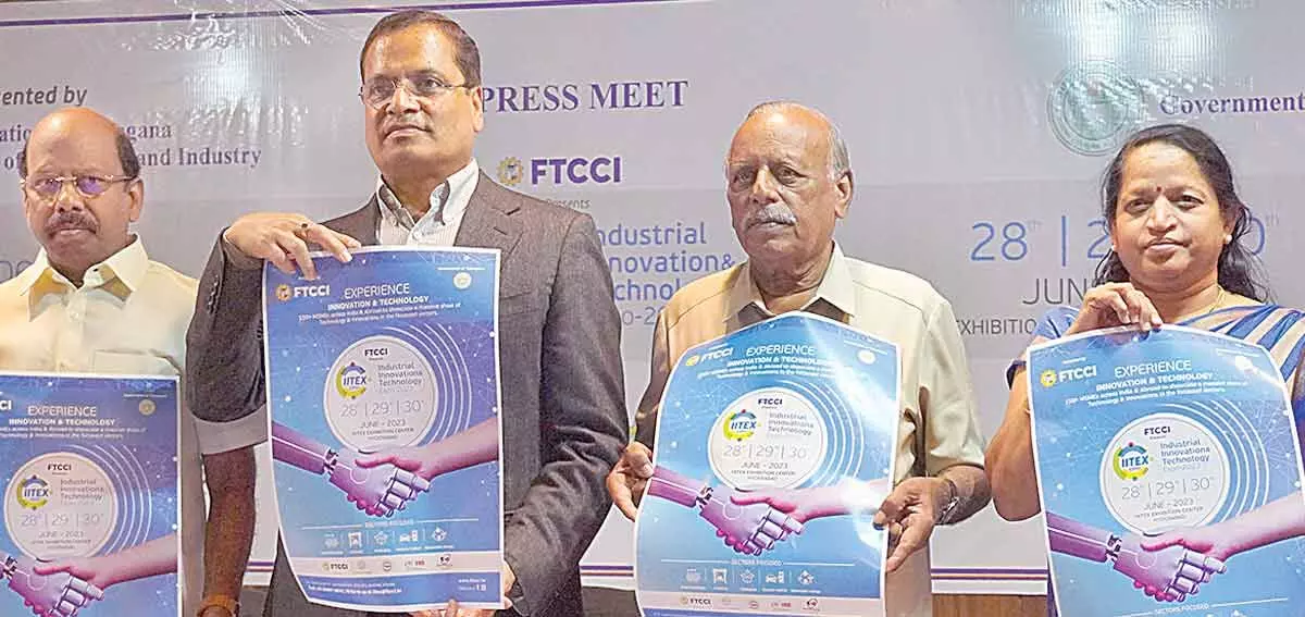 FTCCI President Anil Agarwal (C) along with other members unveiling the poster  of IITEX 2023 in Hyderabad on Monday