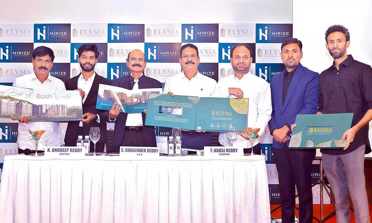 Hirize Developers’ team unveiling the brochure of Hirize Elysia in Hyderabad on Wednesday