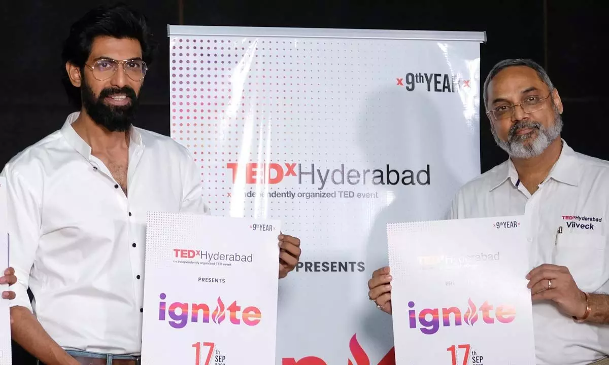 Renowned actor Rana Daggubati and TEDxHyderabad Curator Viiveck Verma releasing the poster of the event