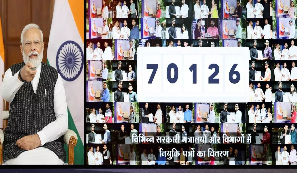 Prime Minister Narendra Modi during an event to distribute about 70,000 appointment letters to newly inducted recruits via video conferencing, in New Delhi onTuesday