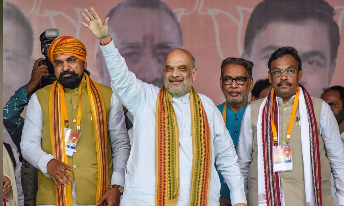 Union Home Minister Amit Shah with Bihar BJP President Samrat Choudhary during a public meeting in Lakhisarai district on Thursday