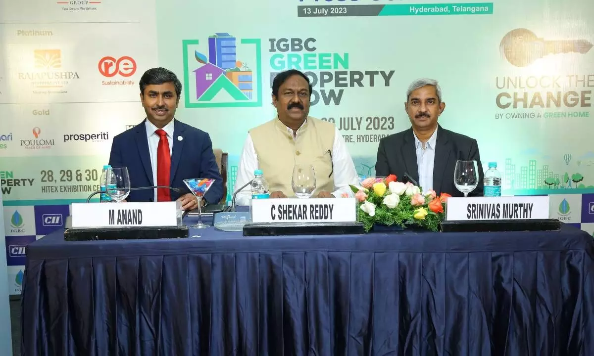 C Sekhar Reddy (Centre), Chairman, IGBC Hyderabad Chapter and IGBC members during the announcement of 1st IGBC Green Property Show in Hyderabad on Thursday