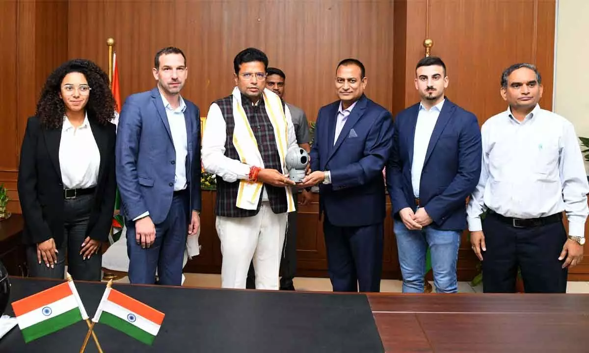 Telangana Minister of Industries and IT Sridhar Babu with a French delegation in Hyderabad on Friday