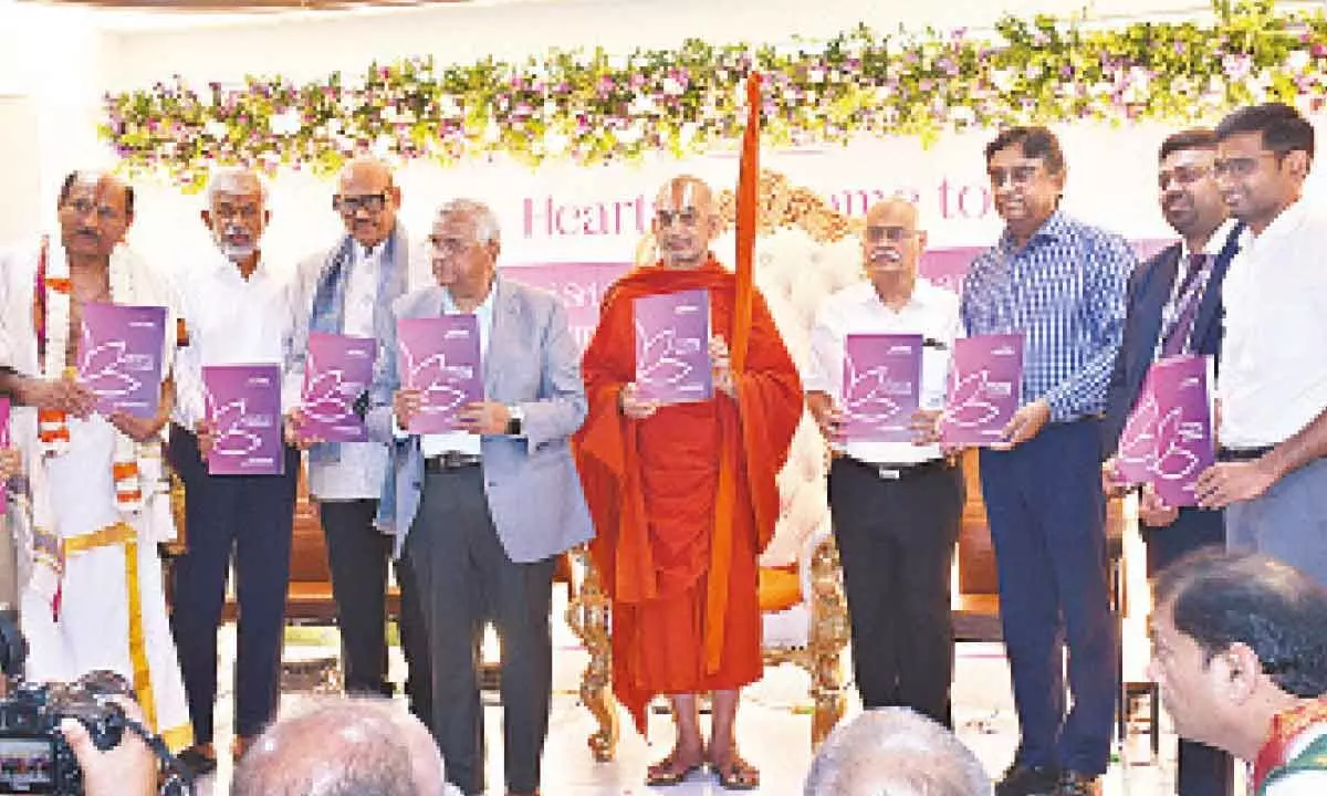 Sri Tridandi Chinna Jeeyar Swamy, Member Parliament TG Venkatesh, My Home Chairman Jupally Rameshwara Rao and others at the inauguration of Anantha Rehab, Translational Care and Pain Management Center in Hyderabad on Monday