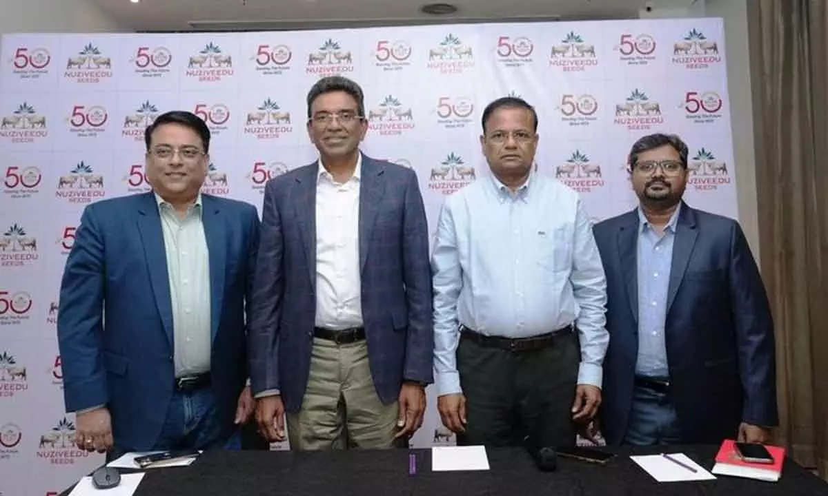 L- R: Nuziveedu Seeds Ltd Chief Strategic Officer Sharad Khurana, Chairman & Managing Director Dr M Prabhakar Rao, Whole Time Director Dr P Sateesh kumar, and Chief Financial Officer  V Srikanth addressing the media in Hyderabad on tuesday