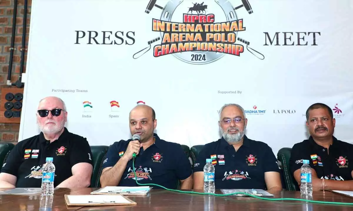 HPRC president Chaitania R Kumar, along with president of American International Polo Foundation Edward Armstrong, HPRC Secretary (Admin) Sheikh Reaz Ahmed, and Vice-president of HPRC Vijender Singh addressing the media before the commencement of International Arena Polo Championship 2024 at HPRC complex in Aziz Nagar, Moinabad mandal, on Monday