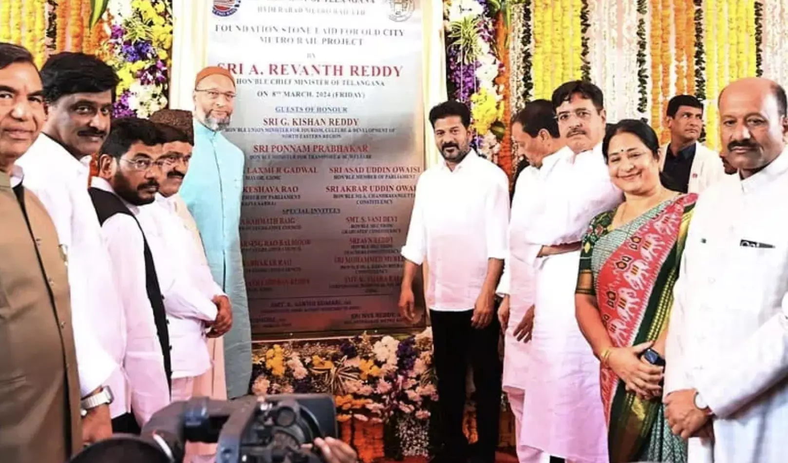 CM Revanth Reddy joined by AIMIM MP Asaduddin Owaisi lays foundation stone for old city metro