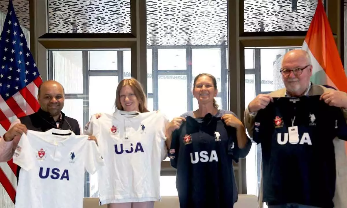 (2nd from left) Jennifer Larson, the Consulate General in Hyderabad, unveiling the USA team jersey. Also seen are Chaitania R Kumar, president, HPRC; Robin Sanchez, Professional Polo Empire, the United States Polo Association, and Edward J Armstrong, Vice Chair, USPA Arena Committee                                                                                              Photo Credit: Snaps India