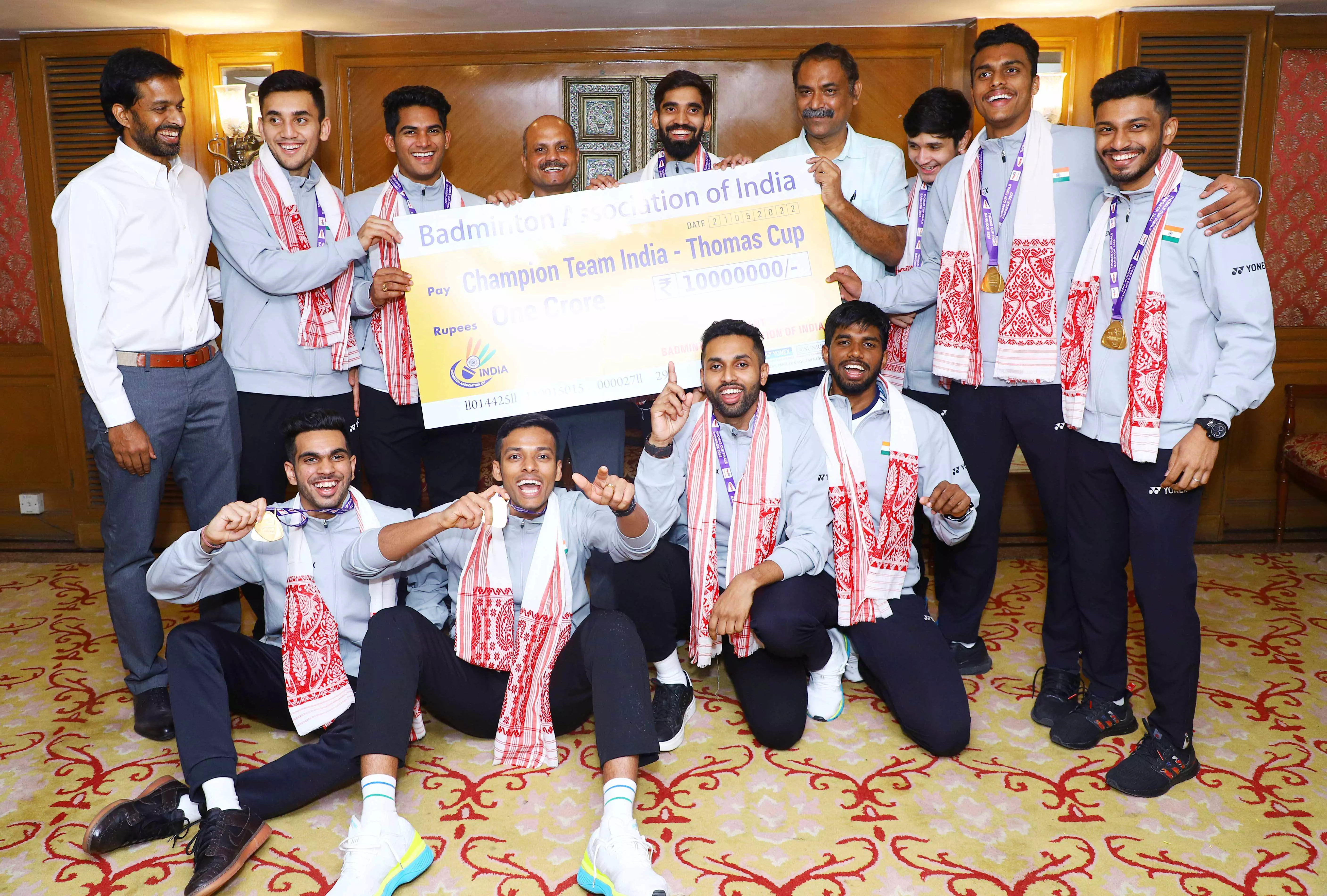 A file photo of the victorious Indian badminton team after winning the Thomas Cup. PC: BAI