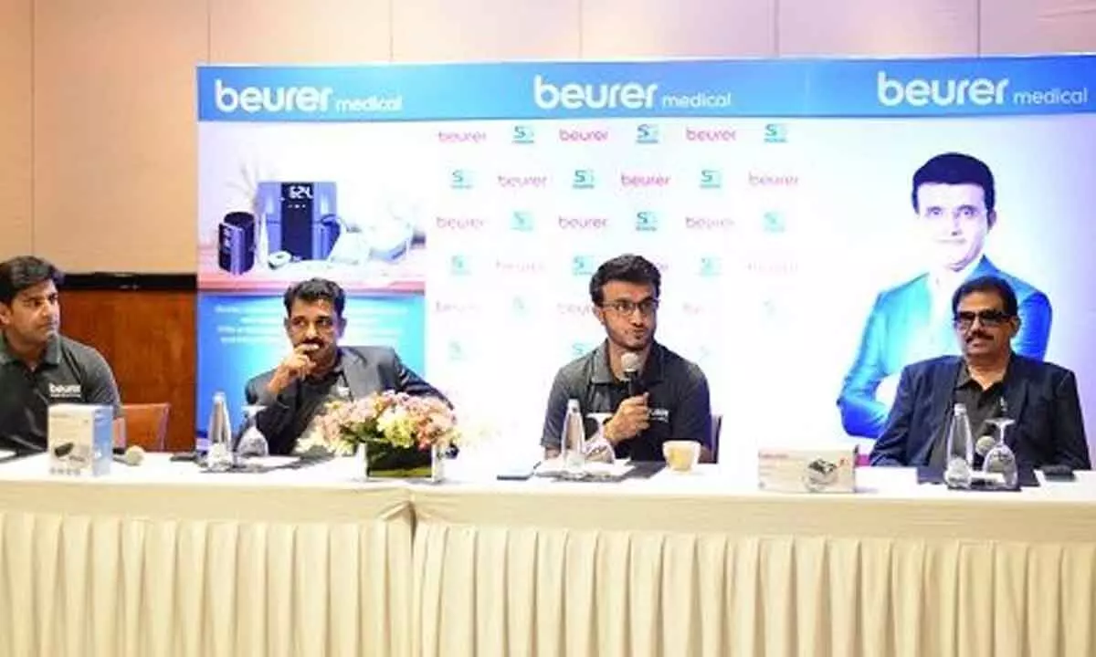 (R to L) Stanley Joseph - Director of Beurer India Pvt. Ltd, cricketer Sourav Ganguly, Salil VS - MD and CEO of the company, and Rohit Saini- Head Sales & Marketing.