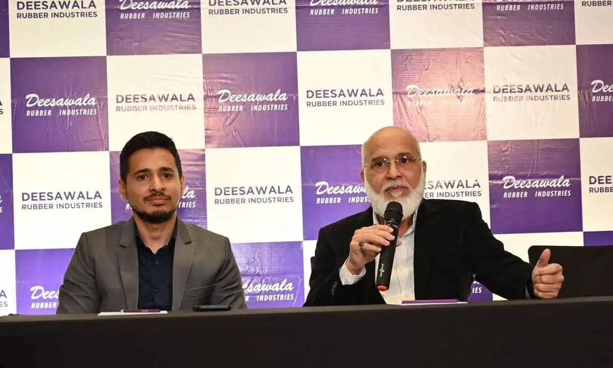 (From left) Murtaza Deesawala, ED, and Huned Deesawala, Co-Founder and MD, Deesawala Rubber Industries, addressing media during announcement of new facility, in Hyderabad on Thursday