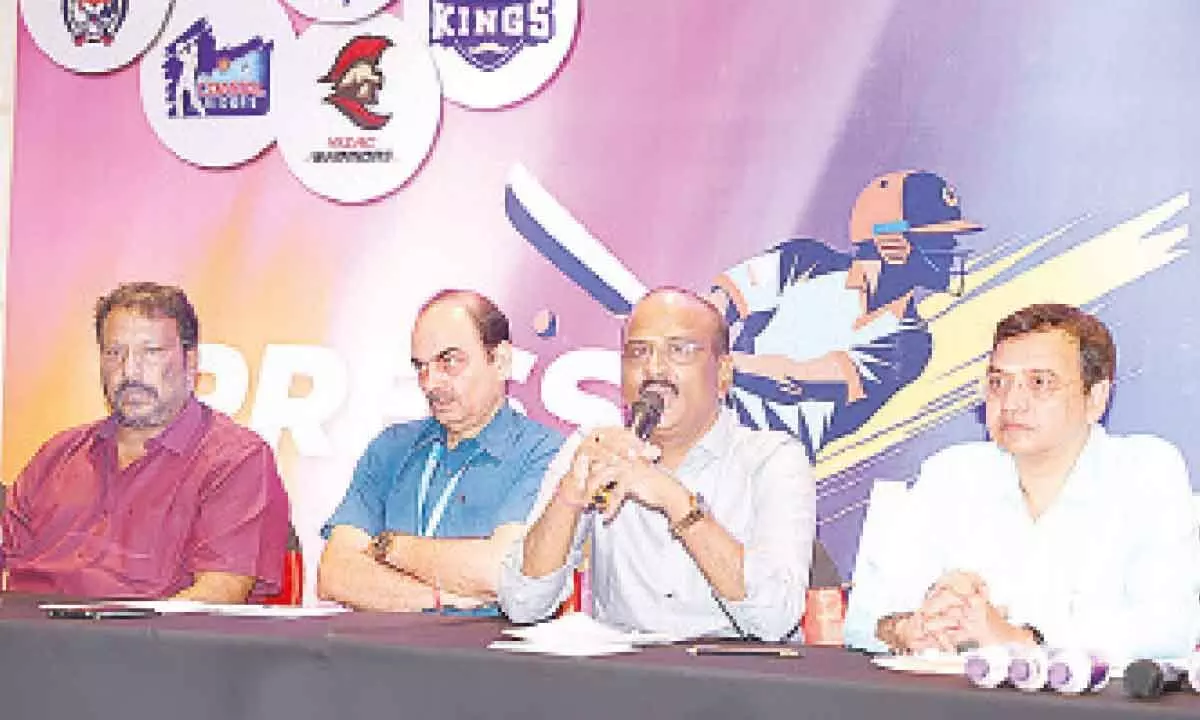 ACA secretary Gopinath Reddy briefing about Season three of APL in Visakhapatnam on Thursday. ACA treasure AV Chalam looks on (right)