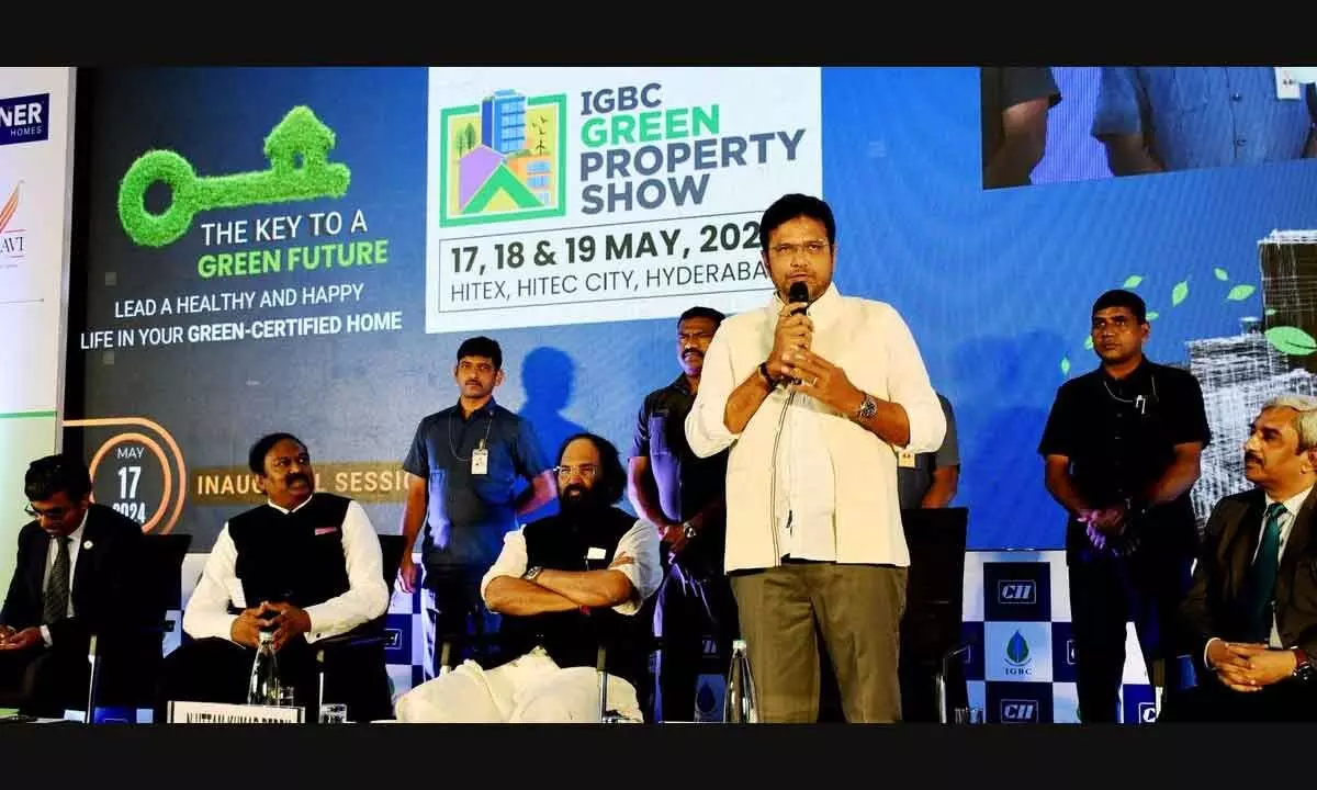 D Sridhar Babu, Telangana IT Minister, addressing the gathering during the launch of IGBC property show in Hyderabad on Friday. Also seen are  N Uttam Kumar Reddy, Irrigation Minister, and CII IGBC members