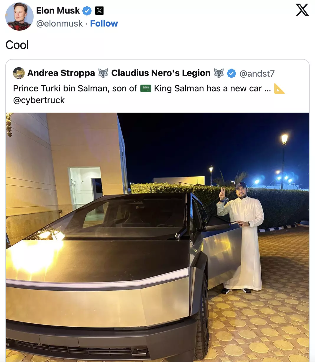 Elon Musks one-word reaction to Saudi princes Cybertruck  goes viral