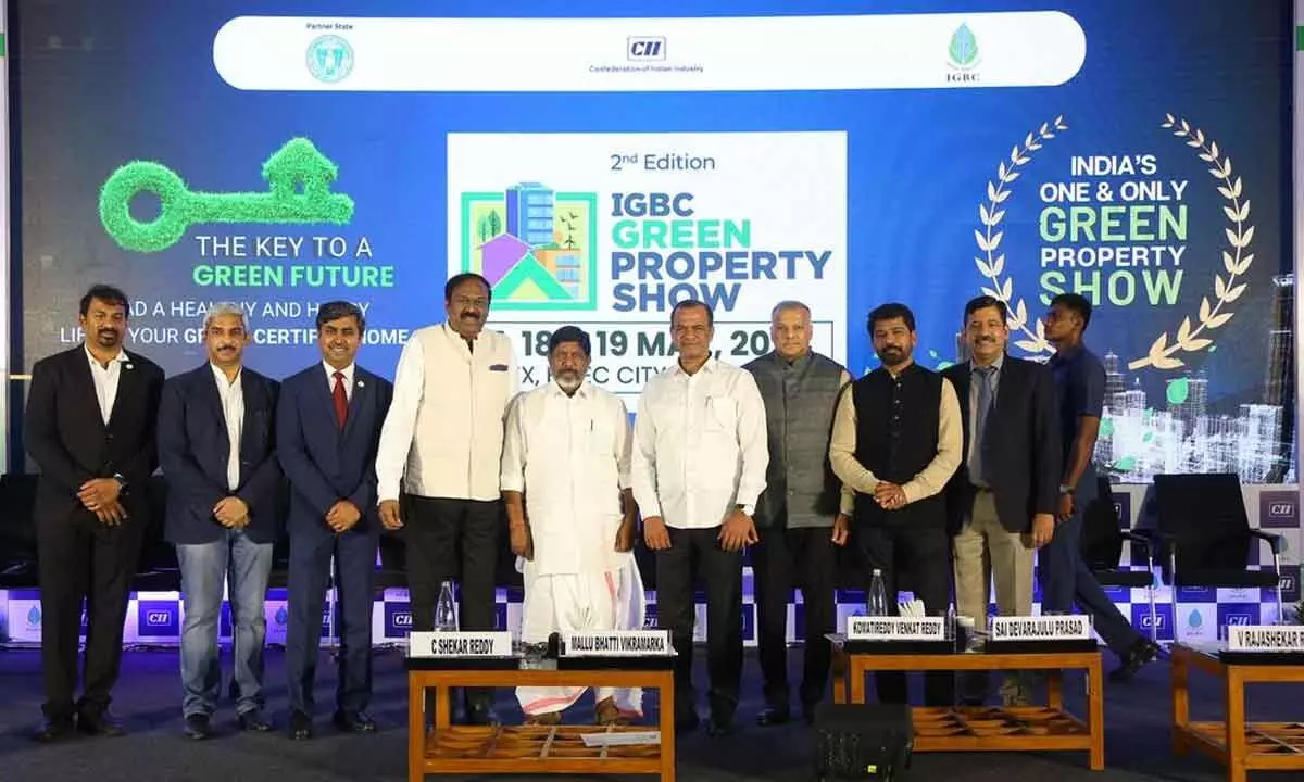 (Centre) Mallu Bhatti Vikramarka, Deputy CM and Komati Reddy Venkat Reddy, Minister for Roads, Telangana, during valedictory ceremony of CII-IGBC Green Property Show 2024, in Hyderabad. Also seen are CII-IGBC and Credai members