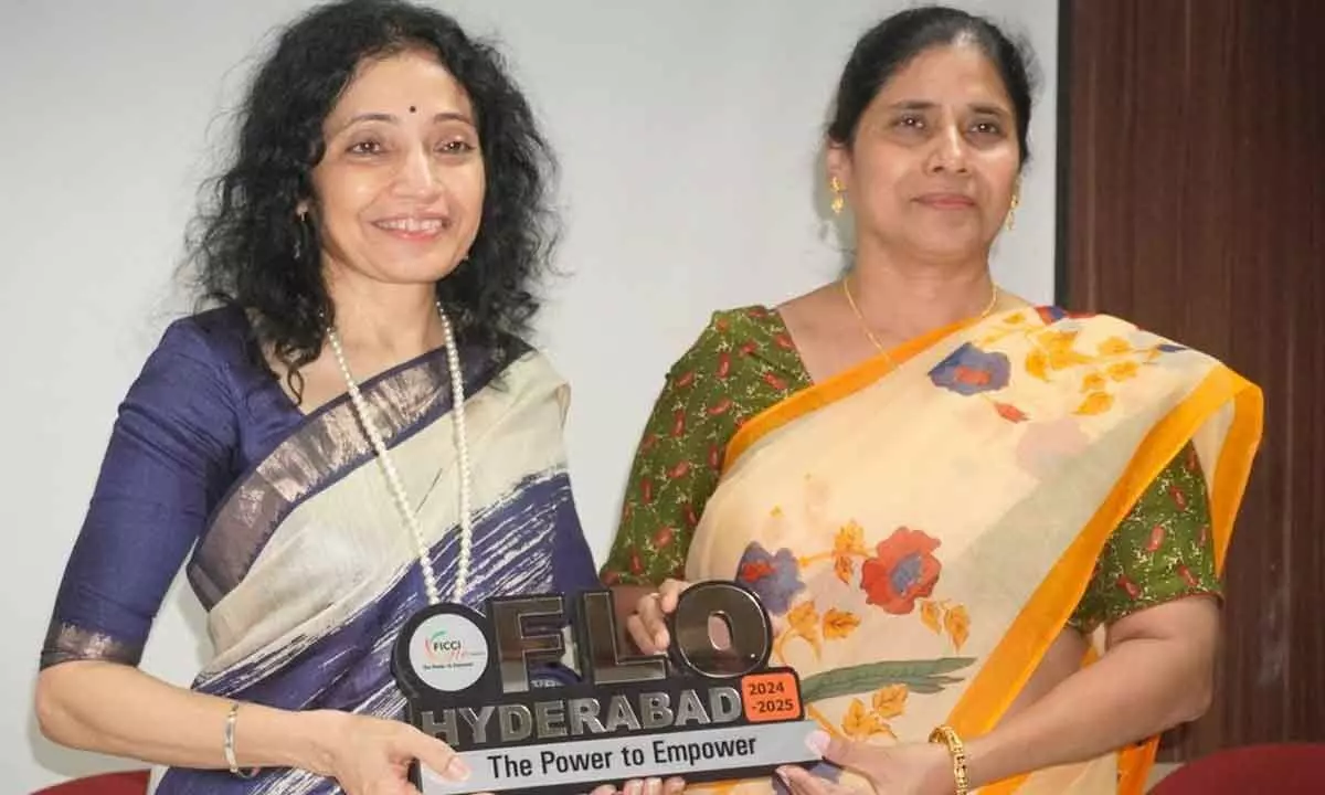 Priya Gazdar, Chairperson, FLO Hyderabad felicitating Dr S Glory Swarupa, DG, NI-MSME during an MSME session held in the city on Friday