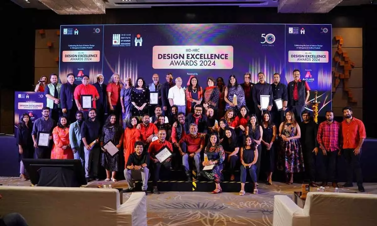 Dr Bhaskar Rao, Chairman, KIMS Hospitals, with members of IIID HRC and awardees, at IIID-HRC Design Excellence Awards 2024, in Hyderabad