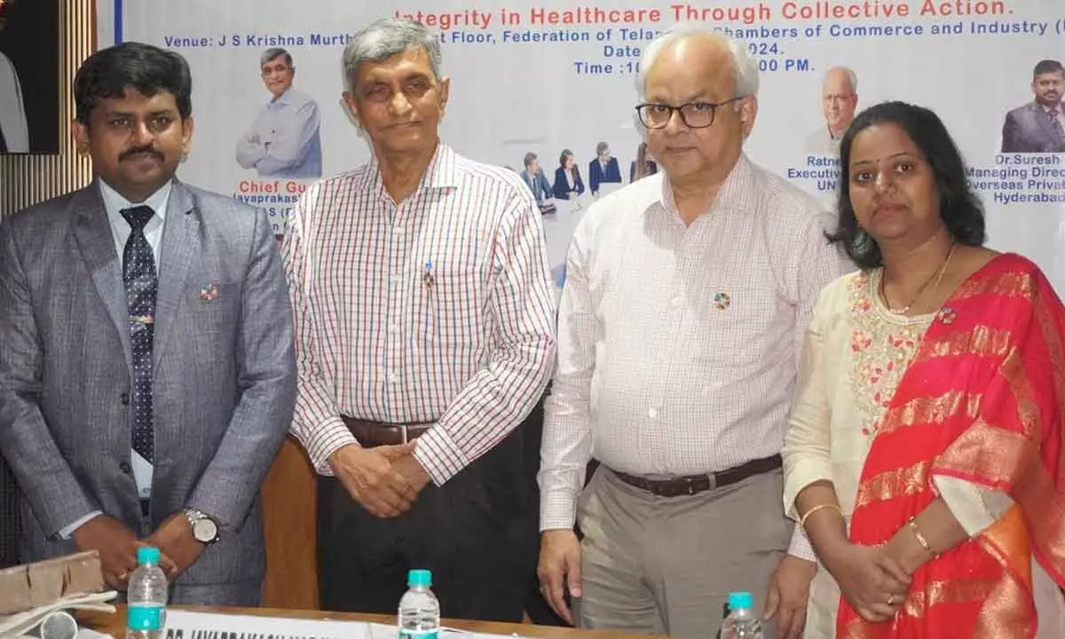 (From left) Dr Suresh Kapiti, CEO, Kapiti Overseas Pvt Ltd; Dr Jayaprakash Narayan, former Bureaucrat; Ratnesh Jha, Executive Director, UN Global Compact Network India, and Tarakeswari Polaki, Founder, Kapiti Group, during the roundtable conference held in the city on Thursday