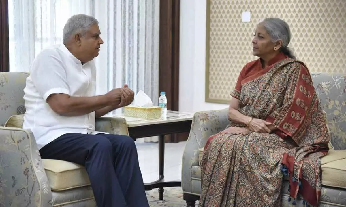 Finance Minister Nirmala Sitharaman having a word with Jagdeep Dhankhar, Vice-President and Chairman, Rajya Sabha, in New Delhi on Tuesday