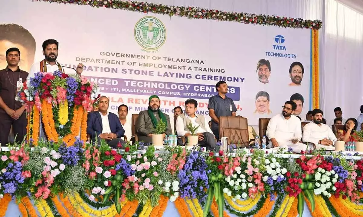 Telangana Chief Minister A Revanth Reddy addressing the gathering after laying foundation for an ATC at Mallepally in Hyderabad on Tuesday