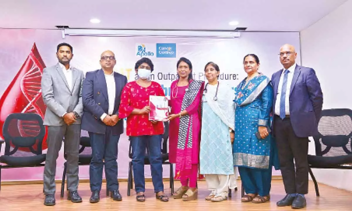 (L to R) Tejasvi Rao, CEO, Apollo Hospitals, Hyderabad, Dinesh Madhavan, President Group Oncology & International, Apollo Hospital Enterprises Ltd, cancer winner (patient) Neha Kumari Nag