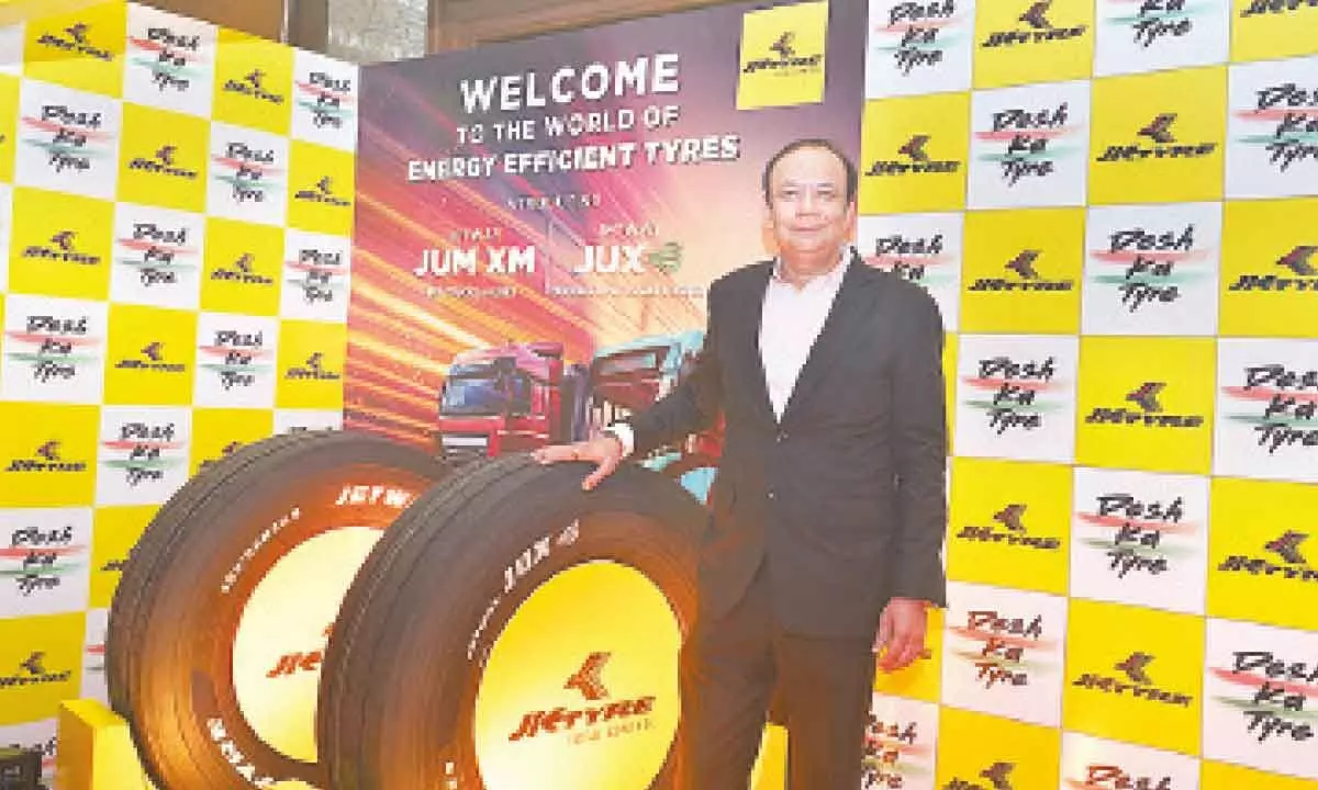 Anuj Kathuria, president (India), JK Tyre and Industries Ltd unveiling the new tyres in Hyderabad on Friday