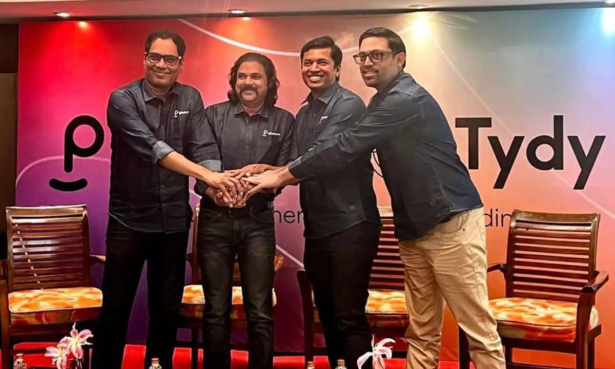 (From left) Sivanand Akella, Senior vice president - Engineering, Srinivas Pindi, vice president – HR, Phenom; Kiran Menon, and Nikhil Gurjer, Co-founders of Tydy during the announcement in Hyderabad on Tuesday