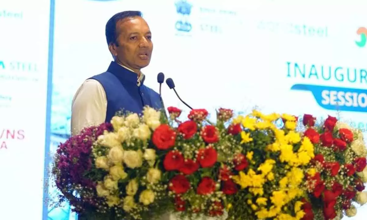 Naveen Jindal, president, Indian Steel Association addressing the gathering during 2nd edition of IBS 2024, in Hyderabad on Friday