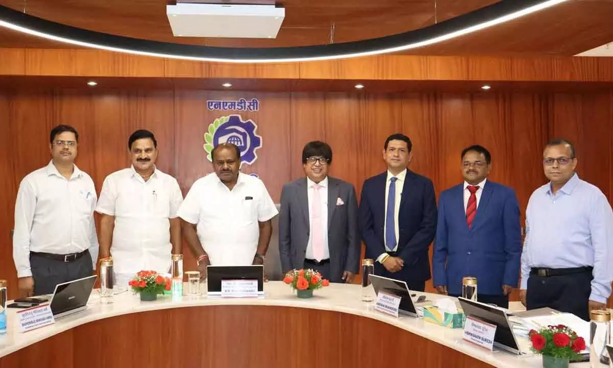 Union Minister of Steel and Heavy Industries HD Kumaraswamy, his MoS Bhupathiraju Srinivasa Varma, Amitava Mukherjee, CMD, NMDC, and other officials participating in a review meeting in Hyderabad on Friday