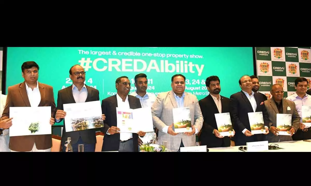 Credai Hyderabad members releasing the brochure of the upcoming property show, in Hyderabad on Friday