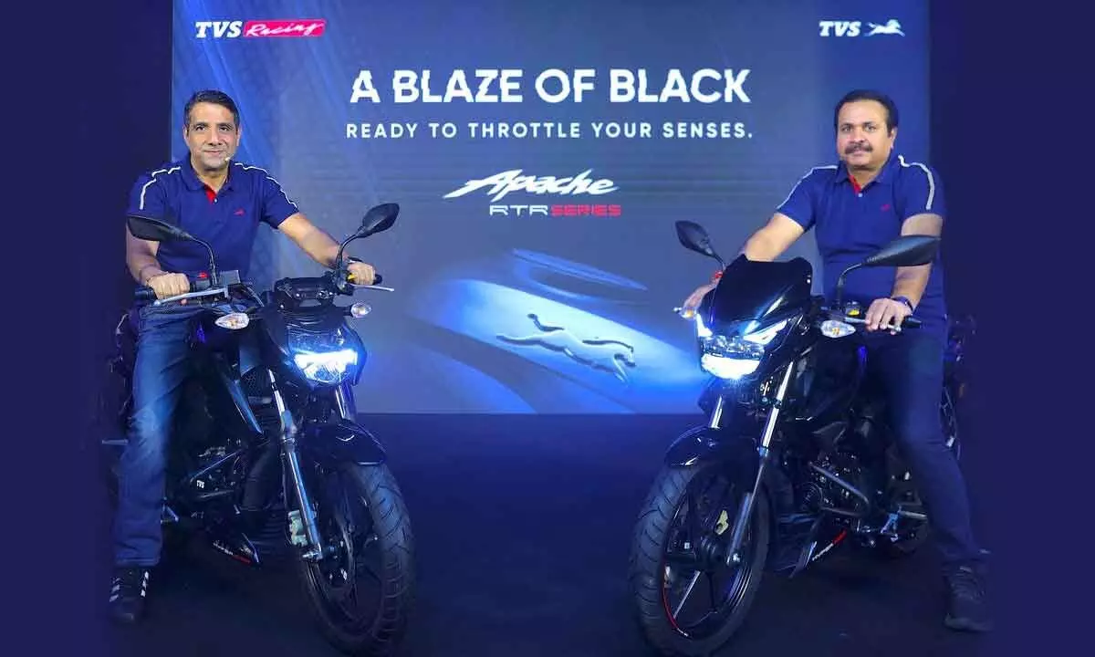 Vimal Sumbly, Head Business – Premium, and U B Pandey, vice president - Sales , TVS Motor Company during the launch of TVS Apache RTR 160 and RTR 160 4V, in Hyderabad  on Monday