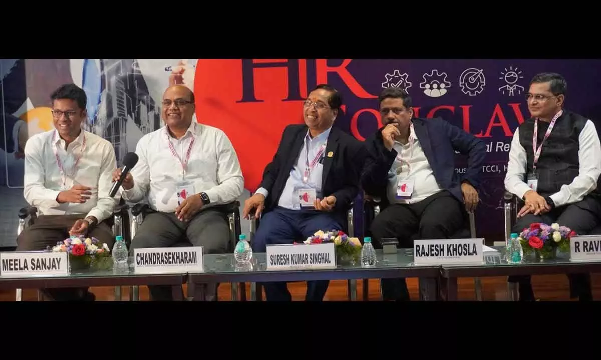 Chandrasekharam, Telangana Jt Commissioner of Labour, Rajesh Khosla, CEO, AGI Greenpac, and FTCCI members at the opening of 2nd HR Conclave, in Hyderabad