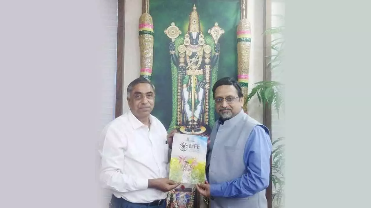 Chief Secretary Neerab Kumar Prasad releasing BEE’s special report on Mission LiFE in Amaravati on Sunday. BEE’s Media Adviser for Southern States/UTs A. Chandra Sekhara Reddy is seen