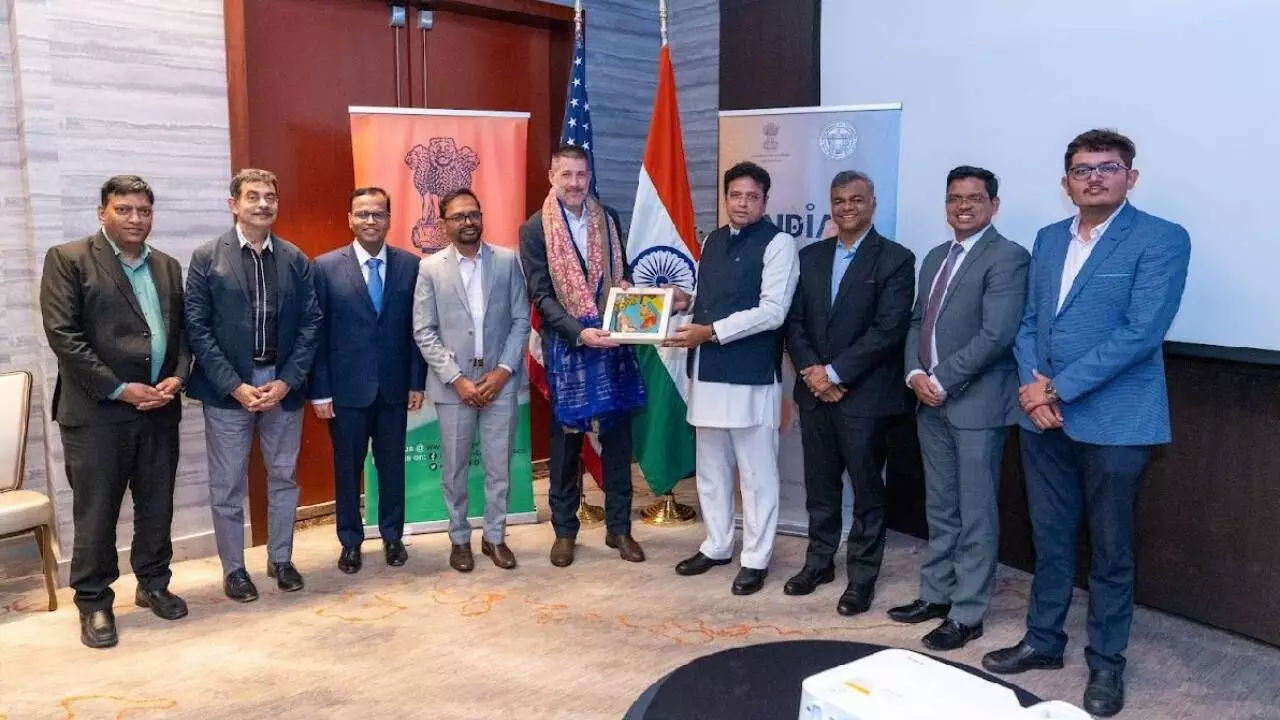 D Sridhar Babu (2nd from right), Telangana IT & Industries Minister, calls on Amazon senior leadership, Kerry Person (3rd from right), Vice President, AWS Data Centre Planning and Delivery, at Palo Alto in California on Sunday