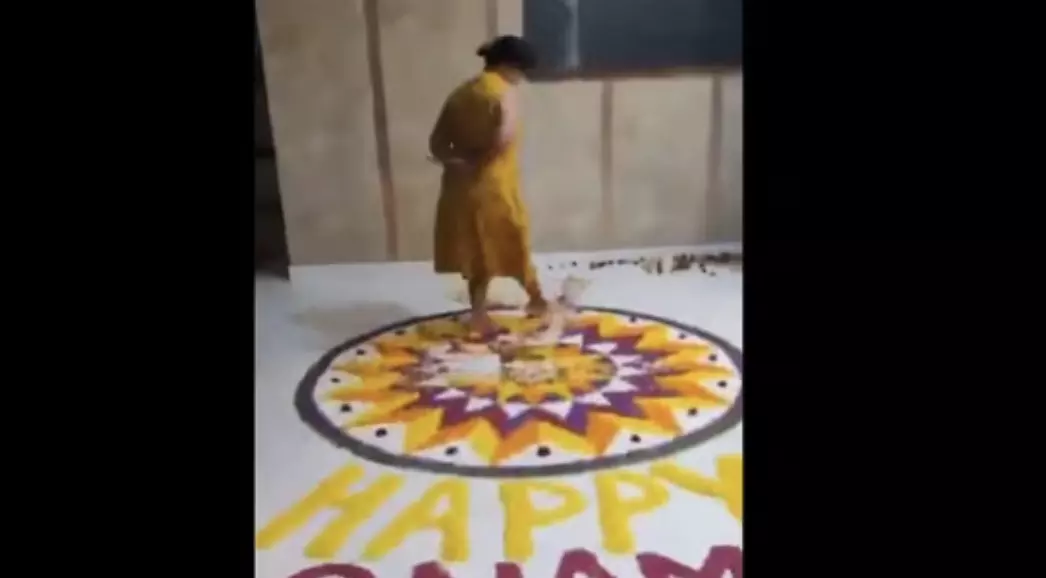 Bengaluru woman faces backlash for destroying childrens Onam Pookalam in viral video