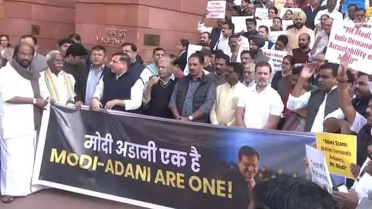 INDIA Bloc MPs Protests In Parliament Over Adani Issue