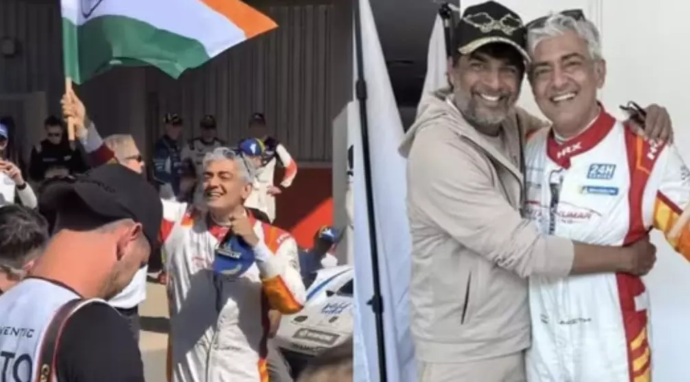 Ajith Kumar waves Indian flag after wins at Dubai 24H 2025; celebrities shower him with praise